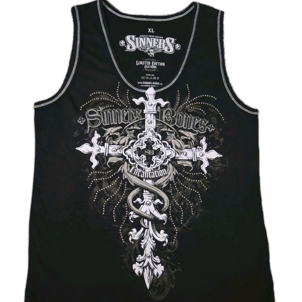 Vintage Y2K Sinners Bones Grunge Tank Top Studded Cross Goth Size XL 2000s
